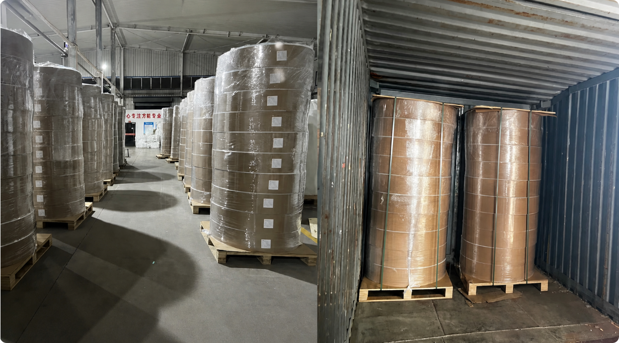 Palletized fiberglass paper rolls for desiccant rotor production prepared for container shipment